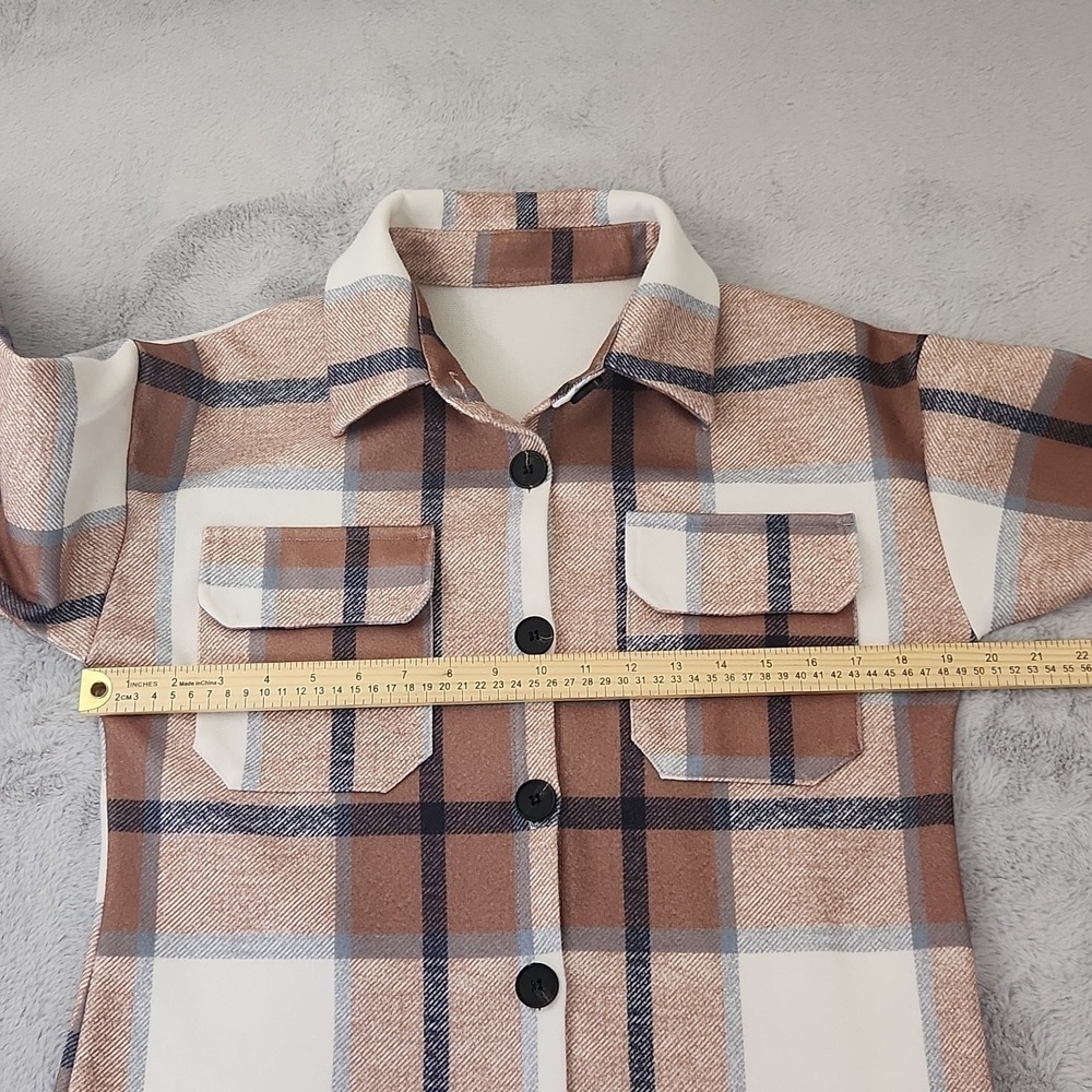 Women's Plaid Shacket Shirt Jacket Tan Cream Button Front Overshirt Lightweight - Picture 12 of 15